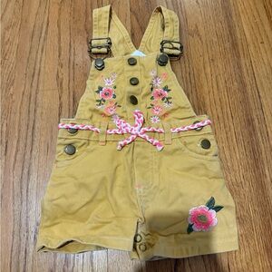 Kids Floral Embroidered Overalls - Tan